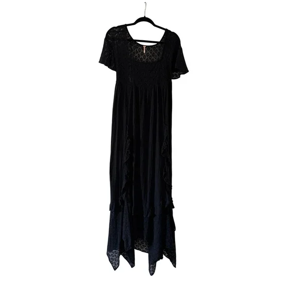Free People Black Lace Maxi Bring the Romance Dress Large Boho Ruffle - Picture 2 of 5